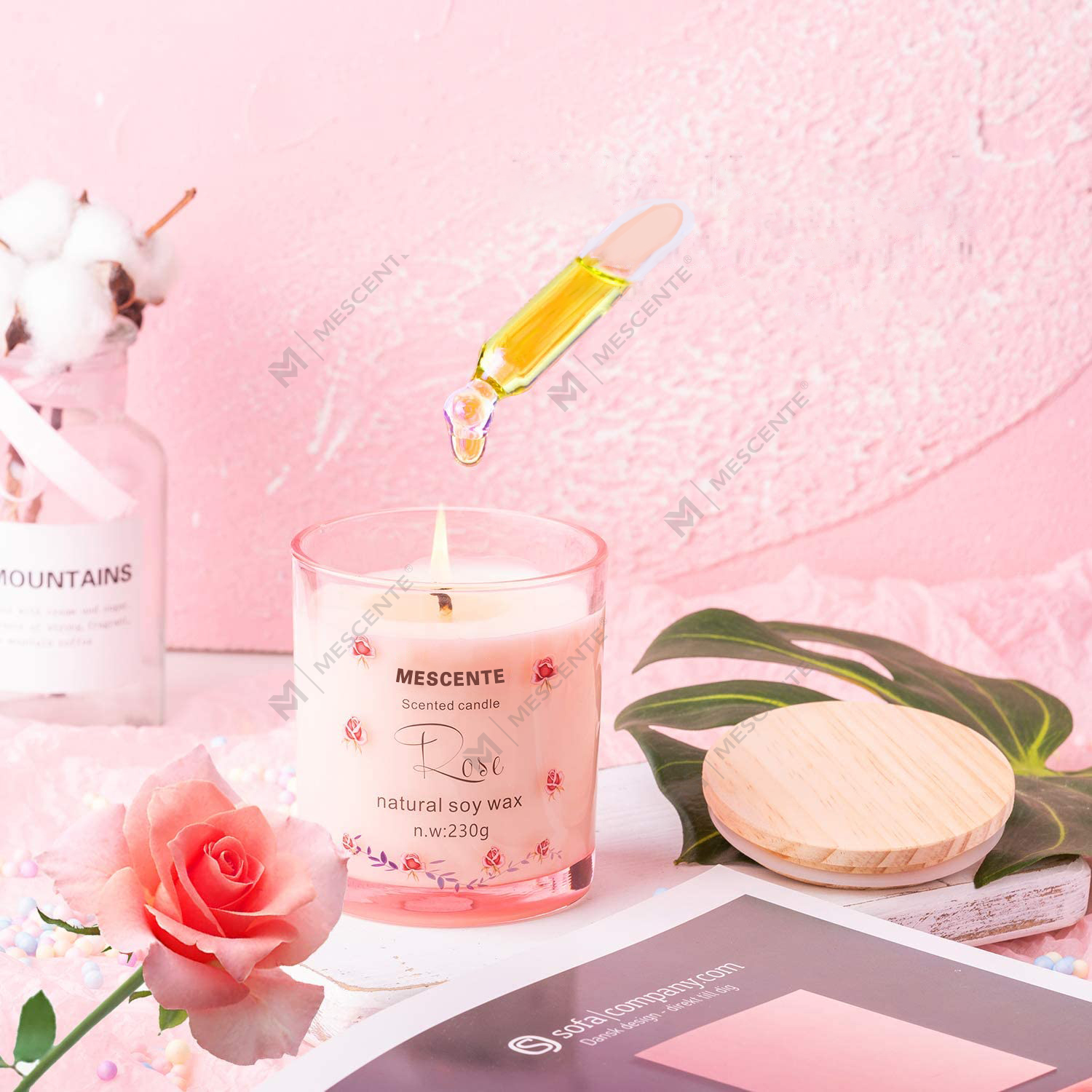 Suport de sticlă de lux realizat manual M&Scent, din ceramică spirituală, lumânare parfumată de vanilie cu cristale